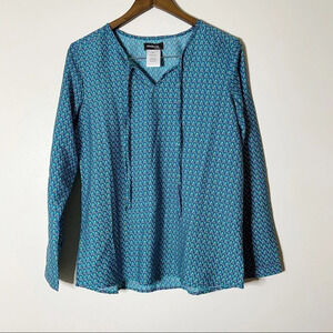 Blouse Tie Neck Blue lightweight Patterned Top long Sleeve Size 6 Medium / Large